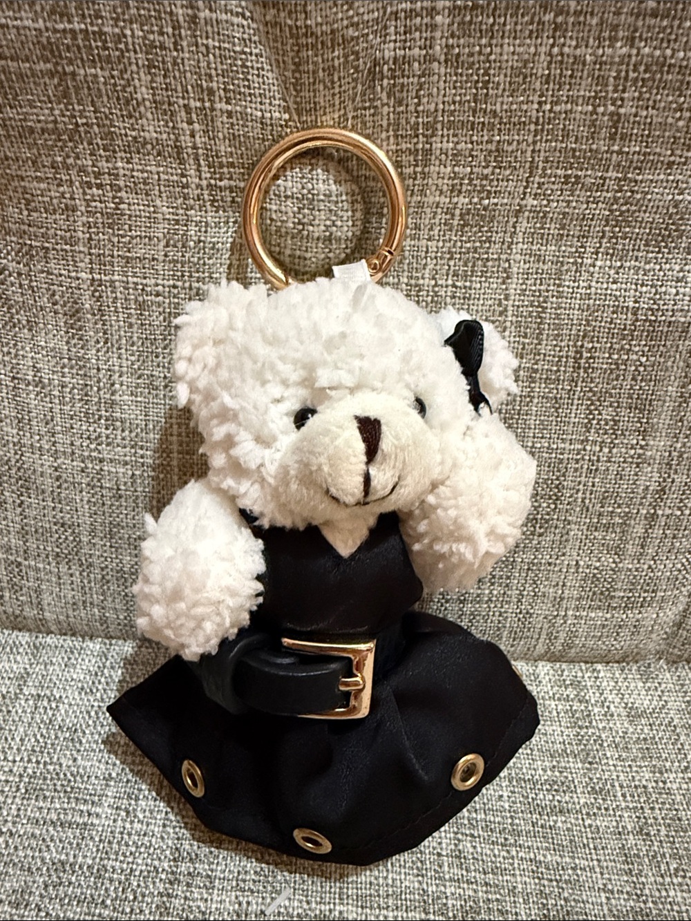 🐻 NWOT Plush White Bear Keychain Purse Charm with Black Dress and Gold Ring